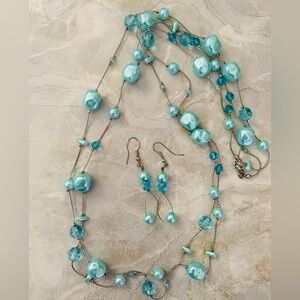 🔥#33 Baby Blue Glass Beaded Necklace and Earrings